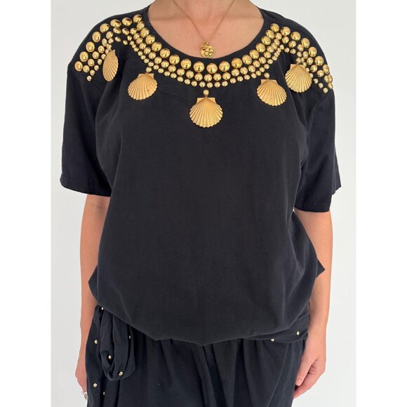 80s black embellished gold seashell studded funky loose cotton pant jumpsuit - Picture 9 of 10